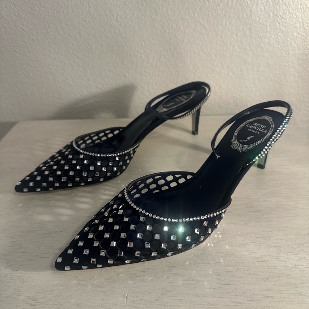 Elegant Dark Navy Slingback Heels with Rhinestone Detailing